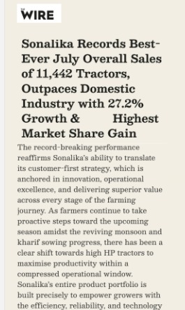 Sonalika Tractors Achieves Highest-Ever July Sales of 11,442 Tractors