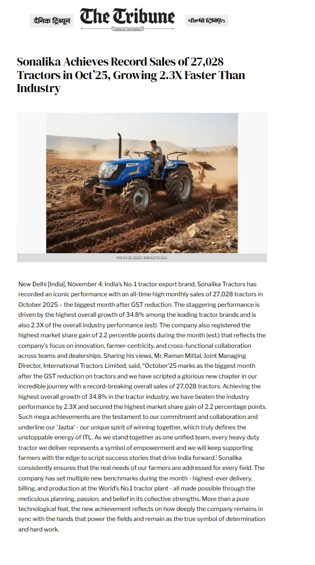 Empowering Fields, Enriching Lives: Sonalika Reaches 27,028 Sales in October 2025