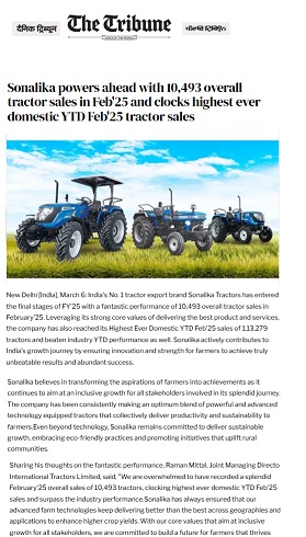 Sonalika Hits 1,13,279 YTD Domestic Sales